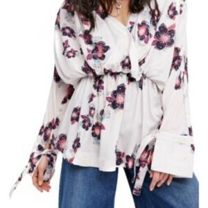 Free People Tuscan Dreams Tunic Top Ivory Floral Boho Loose Size M